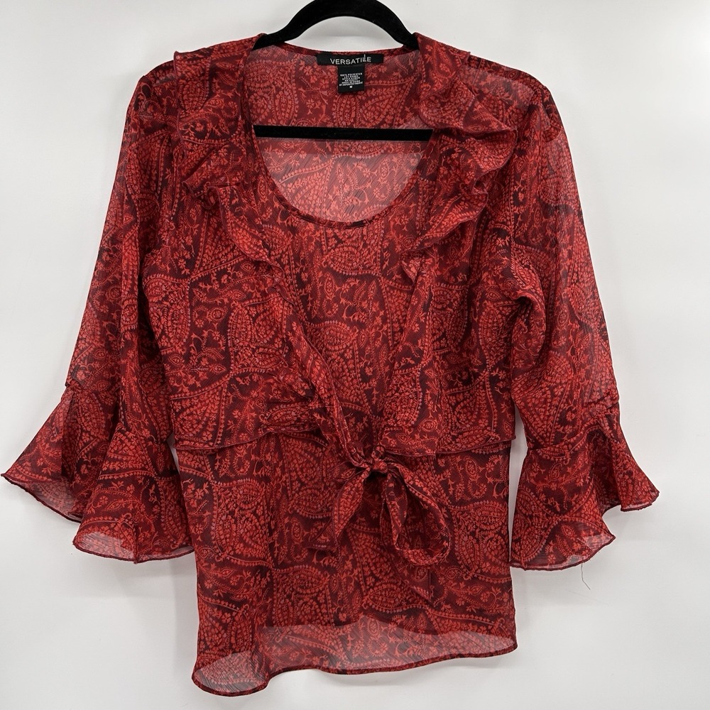 Versatile Womens Sheer Whimsigoth Top Size Medium Red Fairy Grunge Bell‎ Sleeve